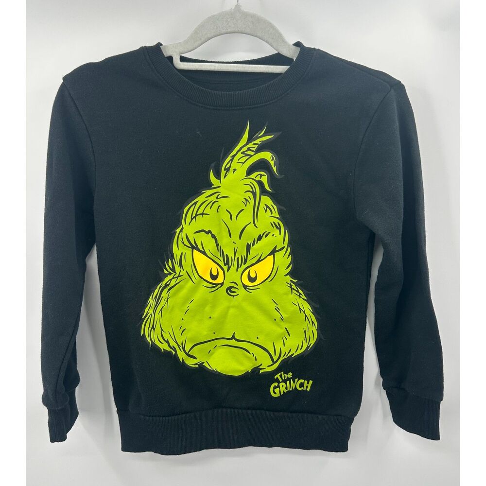 The Grinch Smiling Grinch's Face Boy's Black Crew Neck Long Sleeve Sweatshirt M